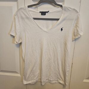 Ralph Lauren White V-Neck Short Sleeve Tee with Navy Polo Logo